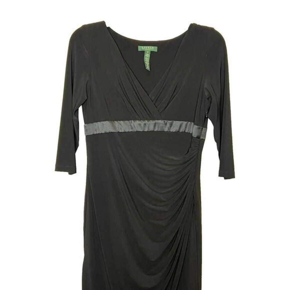 Lauren Ralph Lauren Women's Size 14P Black Dress Vneck Faux Wrap Ruched Side Zip